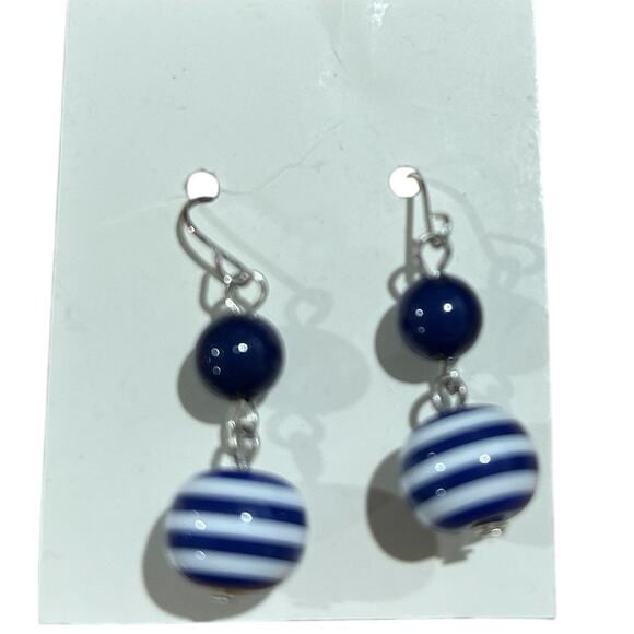 Silver Tone Pierced Earrings with Blue and White Stripe and Solid Blue Beads - Picture 2 of 3